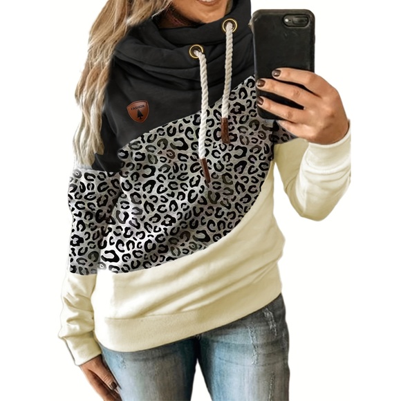Plus Size Leopard Print Hoodie - Ultra-Comfortable Casual Style with Long Sleeve - Picture 1 of 6
